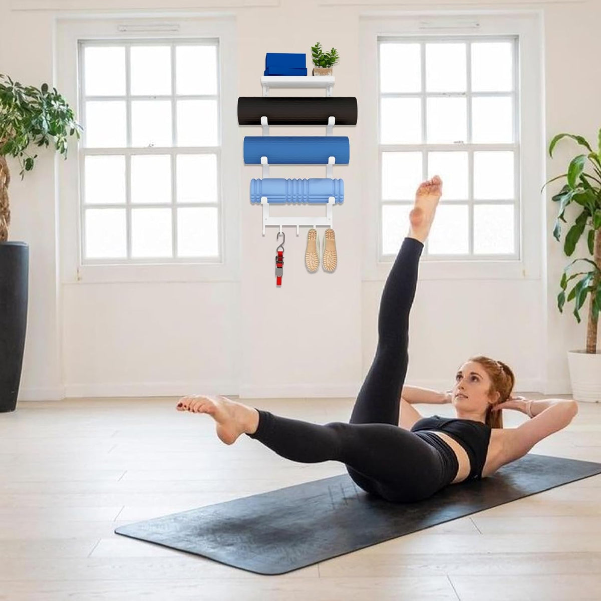 Yoga Mat Holder Wall Mount, 4-Tiers Yoga Mats Storage, Black