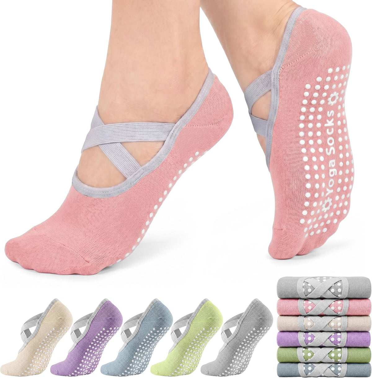 6 Pairs Pilates Socks for women, Non-Slip Yoga Socks With Grip&Strap for Dance Barre Ballet Fitness Workout(5-9)