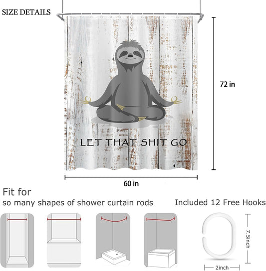 Funny Cute Yoga Sloth Shower Curtain Sets for Bathroom 60Wx72H Fun Animal Inspirational Quotes Shower Curtain Rustic Motivational Bathtub Curtain Wooden Farmhouse Bathroom Decor with 12 Hooks