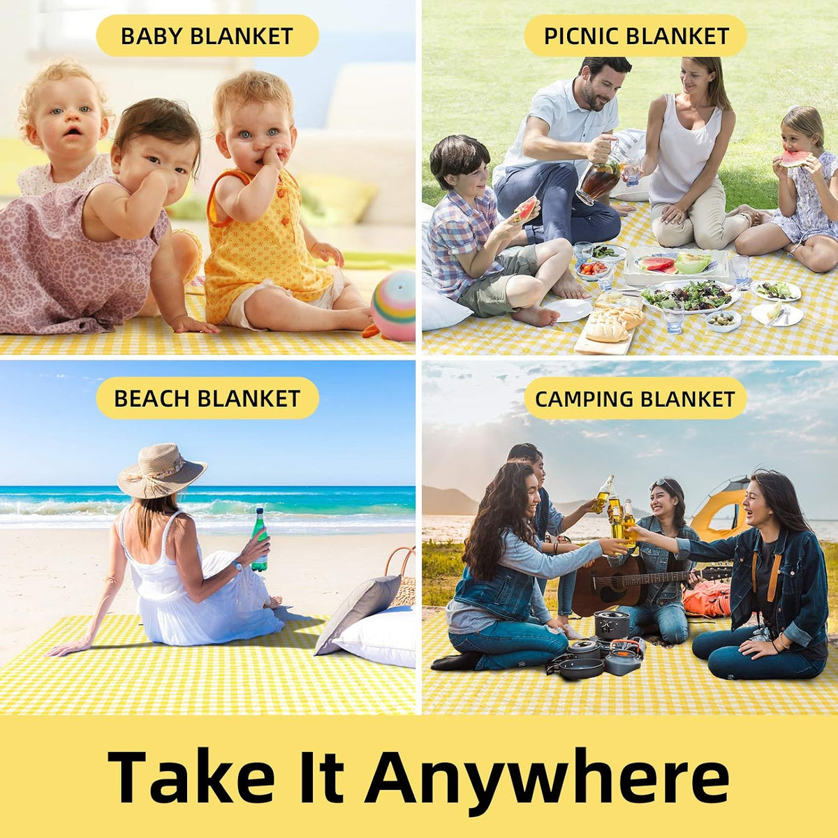 ZAZE Extra Large Picnic Outdoor Blanket, 80''x80'' Waterproof Foldable Blankets Gingham Picnic Mat for Beach, Camping Grass Lawn Park Accessories Cute Couple Gifts Ideas Wedding Registry(Green White)