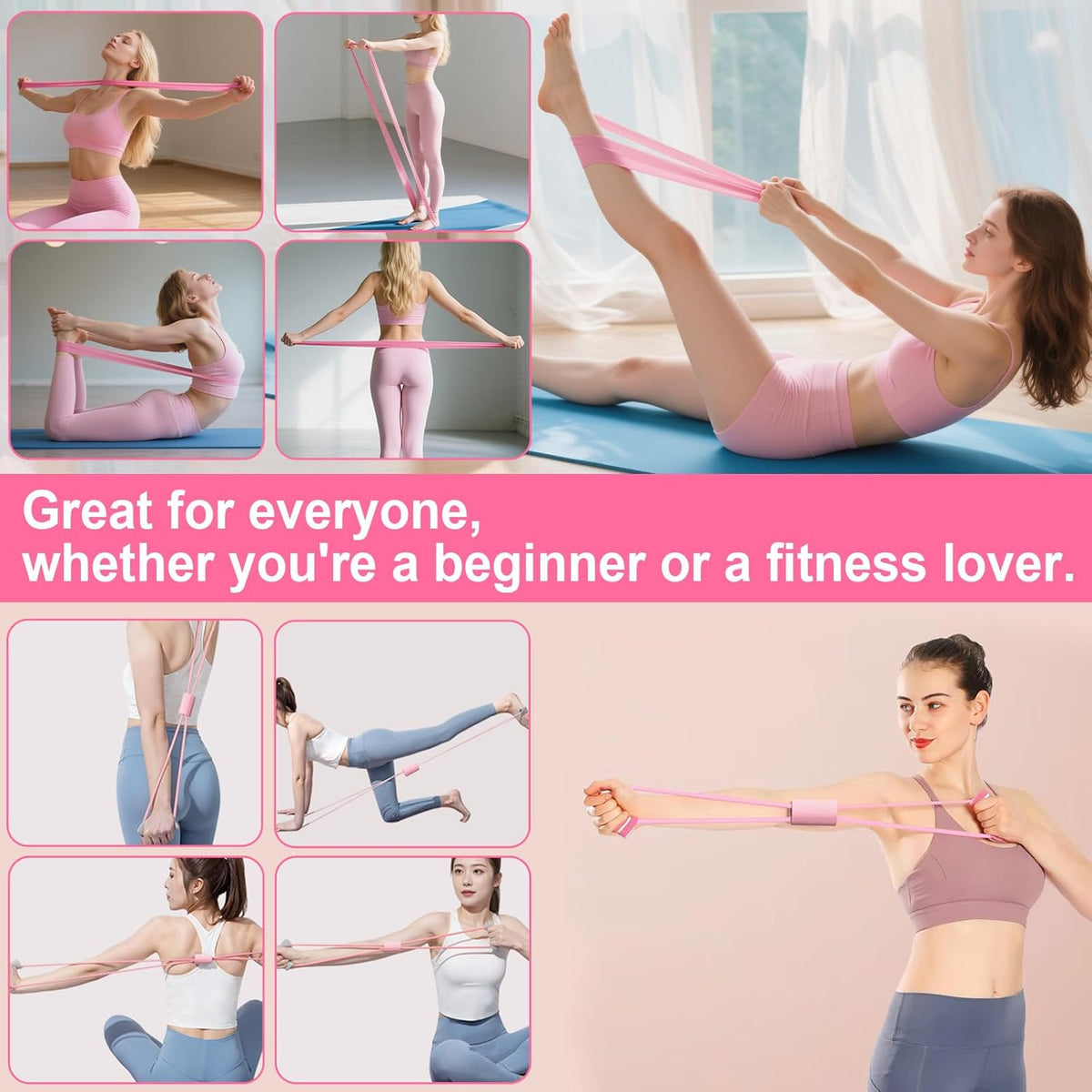 Pilates Essentials Kit for Women,10PCS Pilates Set with 13" Magic Circle Pilates Ring and Yoga Ball, 5 Resistance Bands for Toning & Stretching Strap & Tension Rope Exercise Equipment for Home Workout