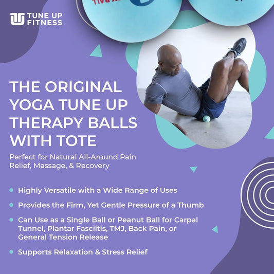 YOGA TUNE UP® Therapy Balls in Tote - Massage Balls for Trigger Point, Pressure Point & Myofascial Release - Use as Single or Peanut Ball for Pain Relief & Relaxation (Aqua Blue)