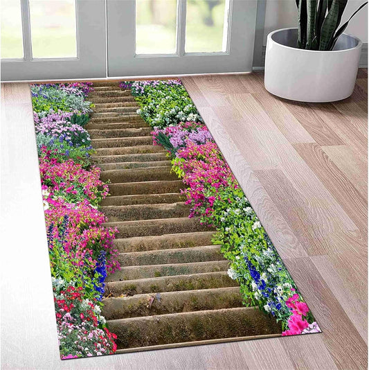 Runner Rug for Hallway, 2.6x10ft, Creative 3D Optical Illusion Stone Steps and Multicolor Floral Carpet, Contemporary Easy to Clean Non-Slip Area Rug for Bedroom Corridor Kitchen Yoga Room