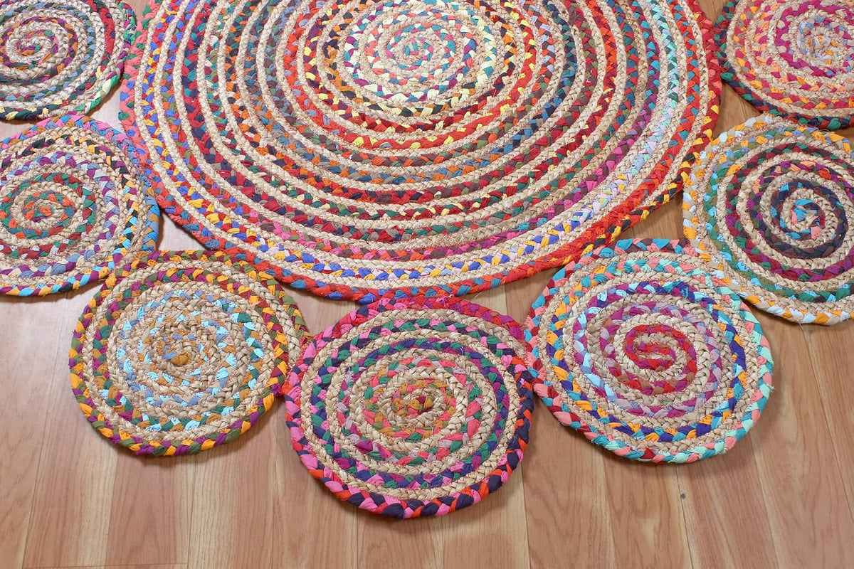 Collection Circle Area Rug - 3 x 3 Ft' Beige and Black Geometric Pettern Jute Mat Ideal for High Traffic Area in Hallway Bedroom Living Room Dining Room Kitchen Terrace Yoga Mat