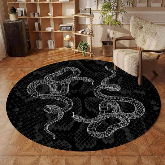 Black Snake Round 4ft Area Rug Wild Serpent Snakeskin Black Circle Rug Gothic Non-Slip Floor Mat for Bedroom Living Room Study Playing Round Yoga Mat Washable Carpet