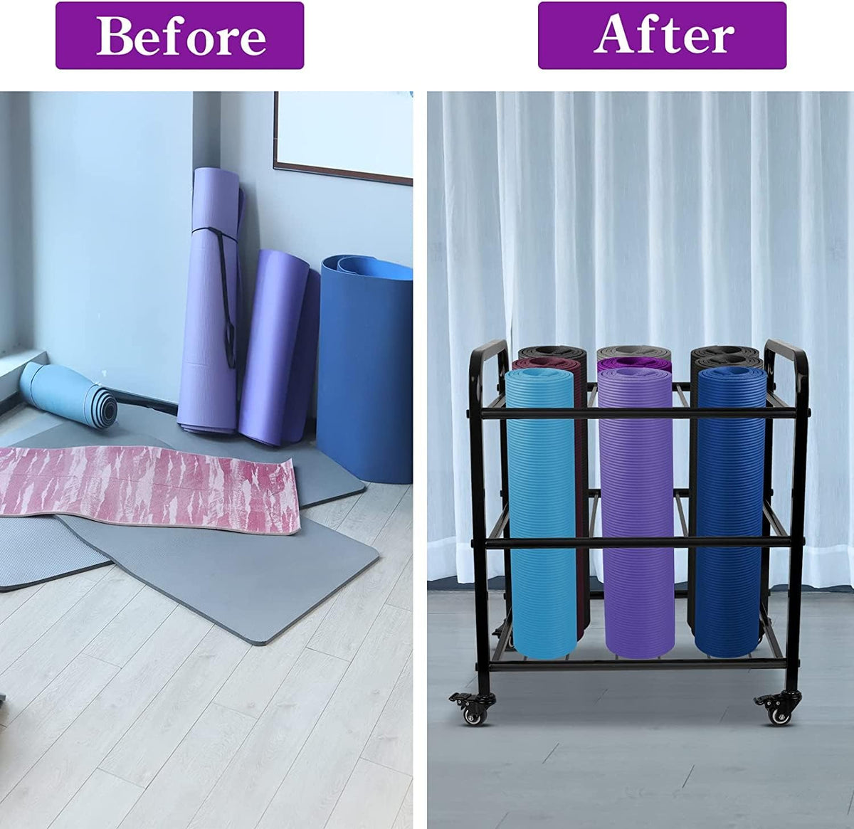 Black Yoga Mat Storage Rack, Home Gym Studio Organizer Cart for Foam Roller, Yoga Strap and Resistance Bands, Movable Black Sports Equipment Storage Rack with Wheels