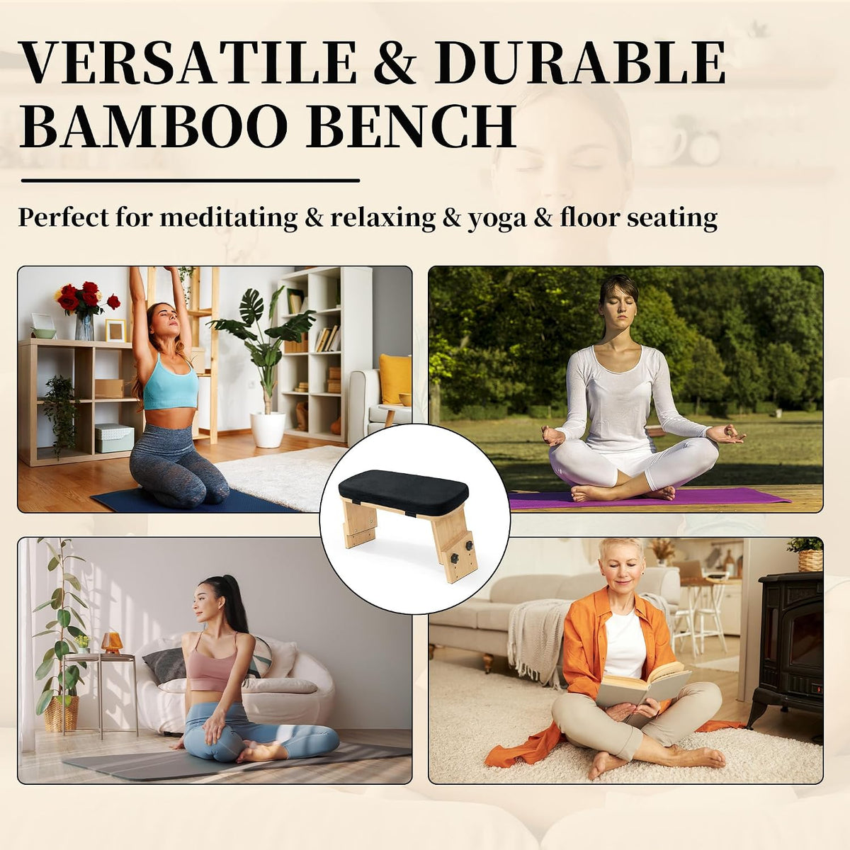 Adjustable Height Meditation Bench, Portable Folding Meditation Chair with Velvet Cushion, Ergonomic Meditation Kneeling Stool for Yoga, Mindfulness&Zen Practice(Black)