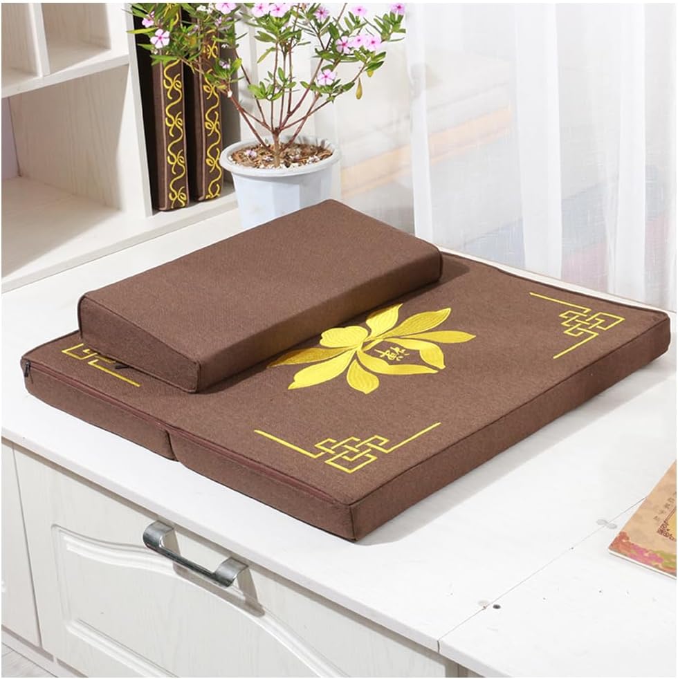 Portable Foldable Meditation Cushion Mat Set with Washable Cotton Linen Cover, Larger Thick Yoga Mat Bolster Floor Pillows Seating for Adults Meditation Accessories coffee-60cm