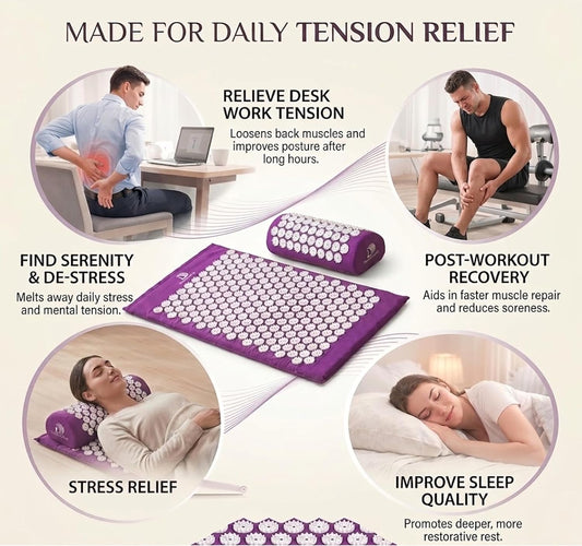 Acupressure Mat & Pillow Set, 4-in-1, 29", Hot/Cold Pack, Purple