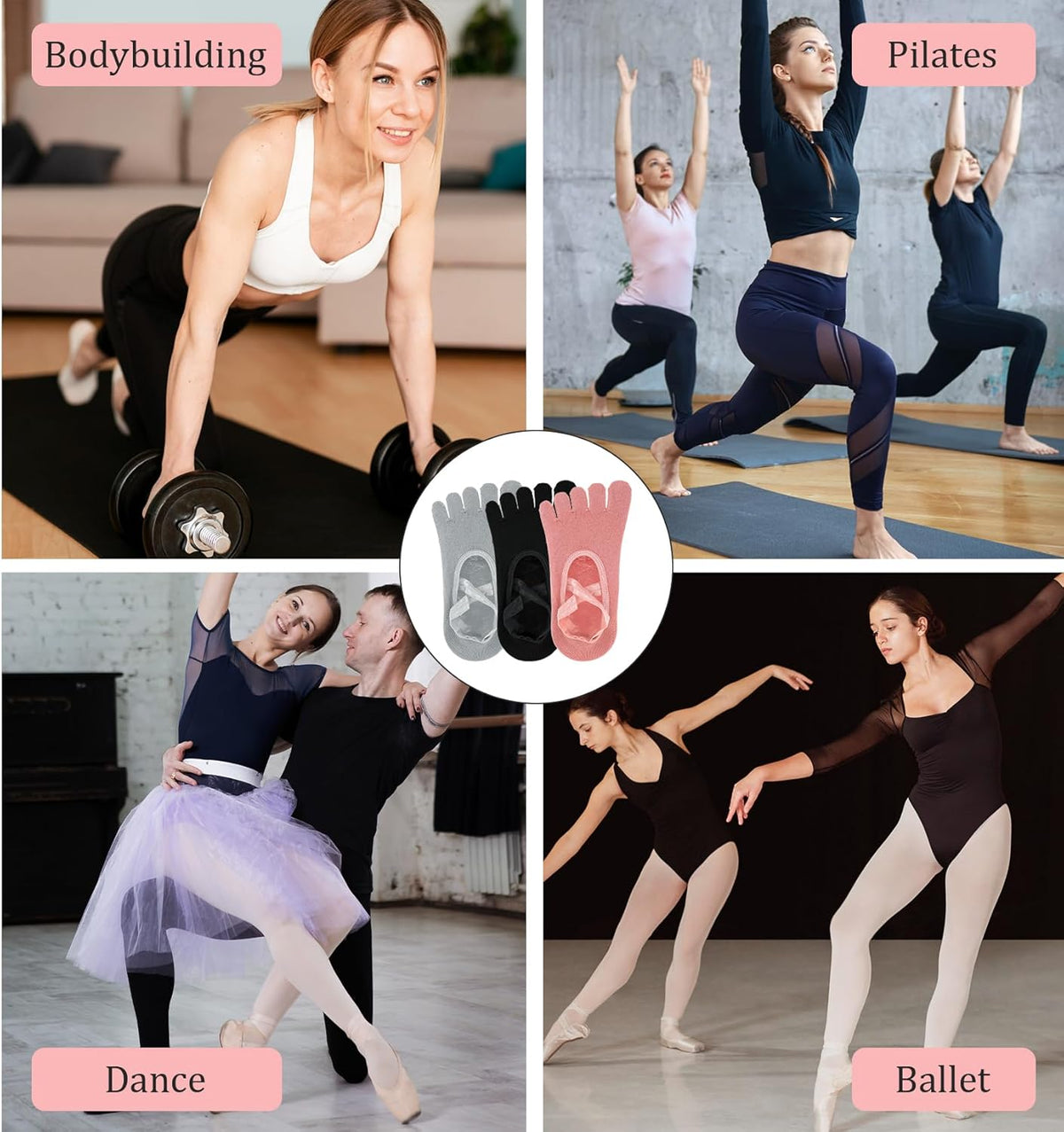 3 Pairs Yoga Toe Socks for Women Non Slip, Pilates Toe Socks with Grips