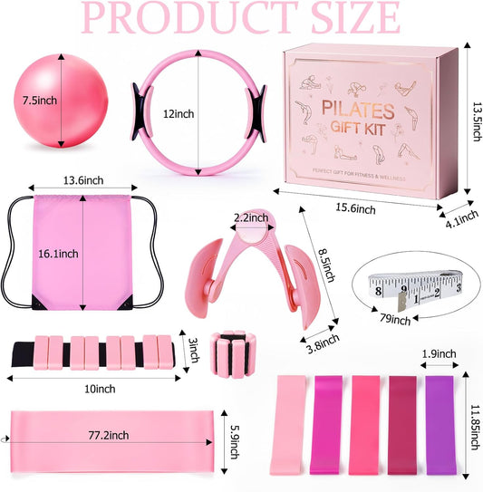 All-in-One Home Workout Kit for Women–Pilates Kit with Ankle Weights, Magic Circle 12 inch, Resistance Bands, Mini Pilates Ball, Carry Bag – Beginner Pilates Gift Set for Mother's Day, Birthday