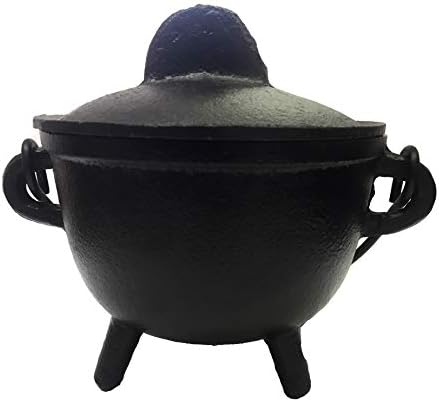 . Cast Iron Cauldron w/handle & lid, ideal for smudging, incense burning, ritual purpose, decoration, halloween decoration, candle holder, etc. (Pot Style 4" Dia (BR90))
