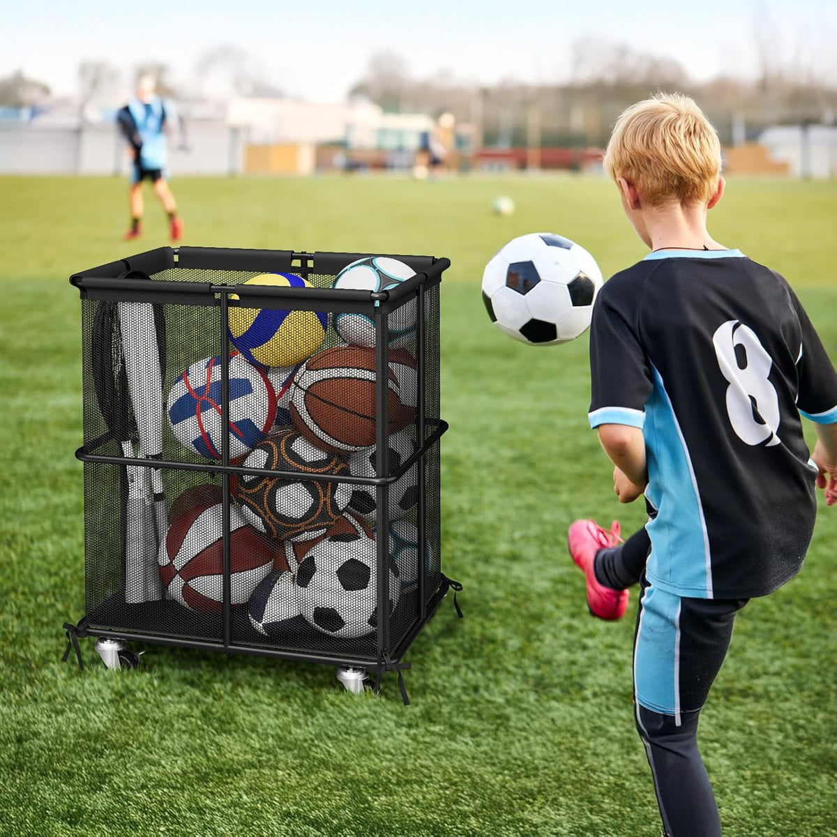 Ball Storage Bin Rolling Sports Ball Storage Cart Garage Sports Equipment Organizer Rack with Wheels Outdoor Basket Ball Cage for Garage, School, Gym, Yoga Room
