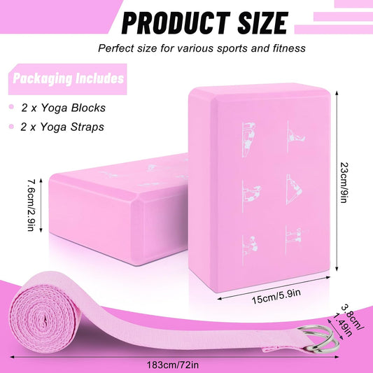 2 Pack Yoga Blocks and 2 Yoga Straps Set, Soft Non-Slip Yoga Block for Pilates, High Density EVA Foam Yoga Brick with Yoga Strap for General Fitness, Stretching, Improve Strength and Flexibility