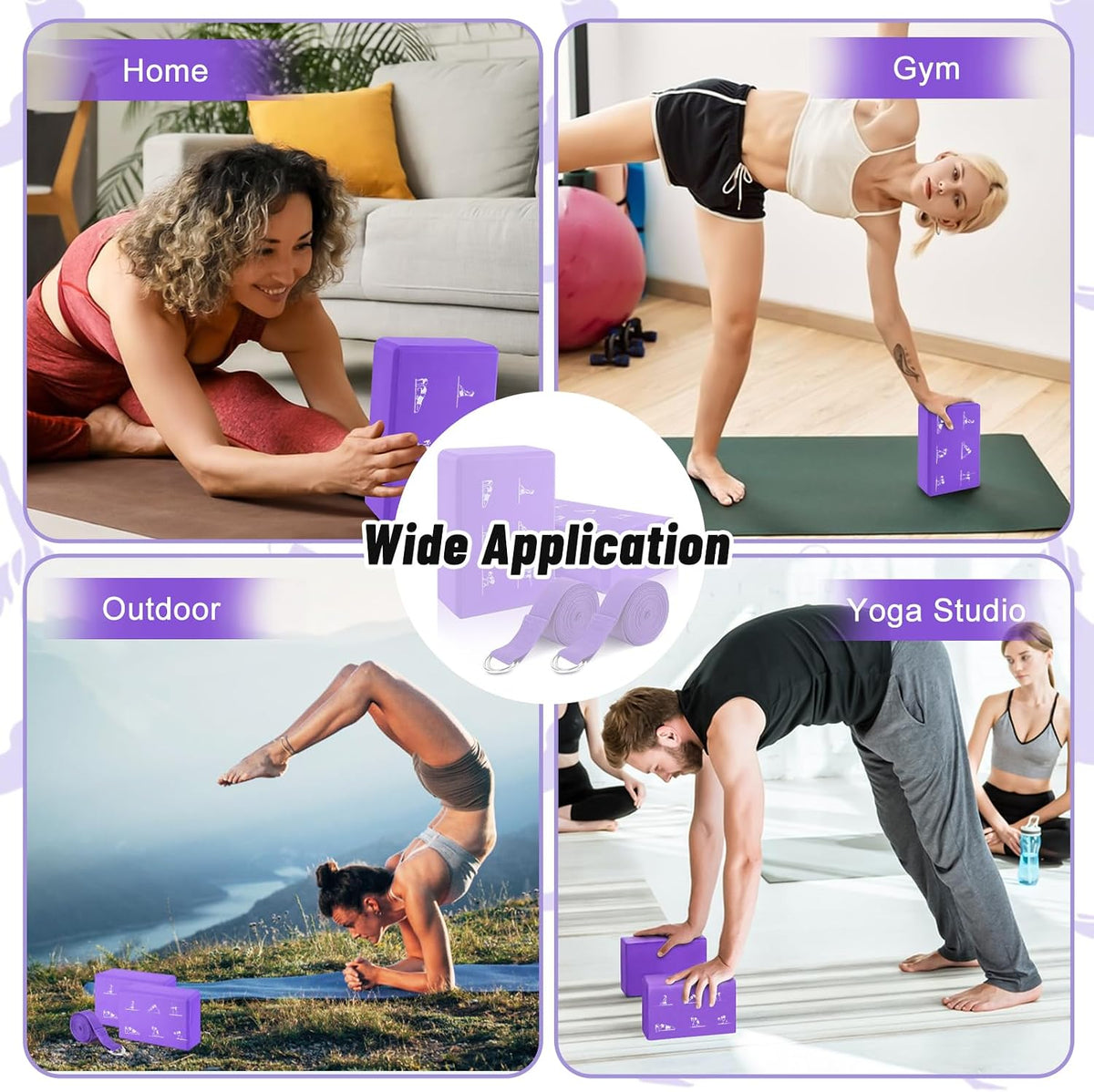 2 Pack Yoga Blocks and 2 Yoga Straps Set, Soft Non-Slip Yoga Block for Pilates, High Density EVA Foam Yoga Brick with Yoga Strap for General Fitness, Stretching, Improve Strength and Flexibility