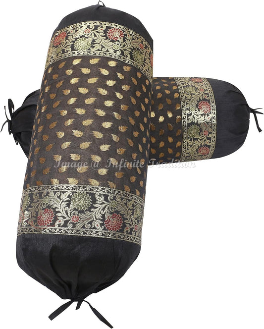 Ethnic Living Room Decorative Bolster Tube Pillow Covers Cylindrical Black Yoga Large Couch Round Cushion Cover Jacquard Brocade Silk Small Leaves Throw Pillow Case 76x38cm (30x15 inch) - 2 Pc.