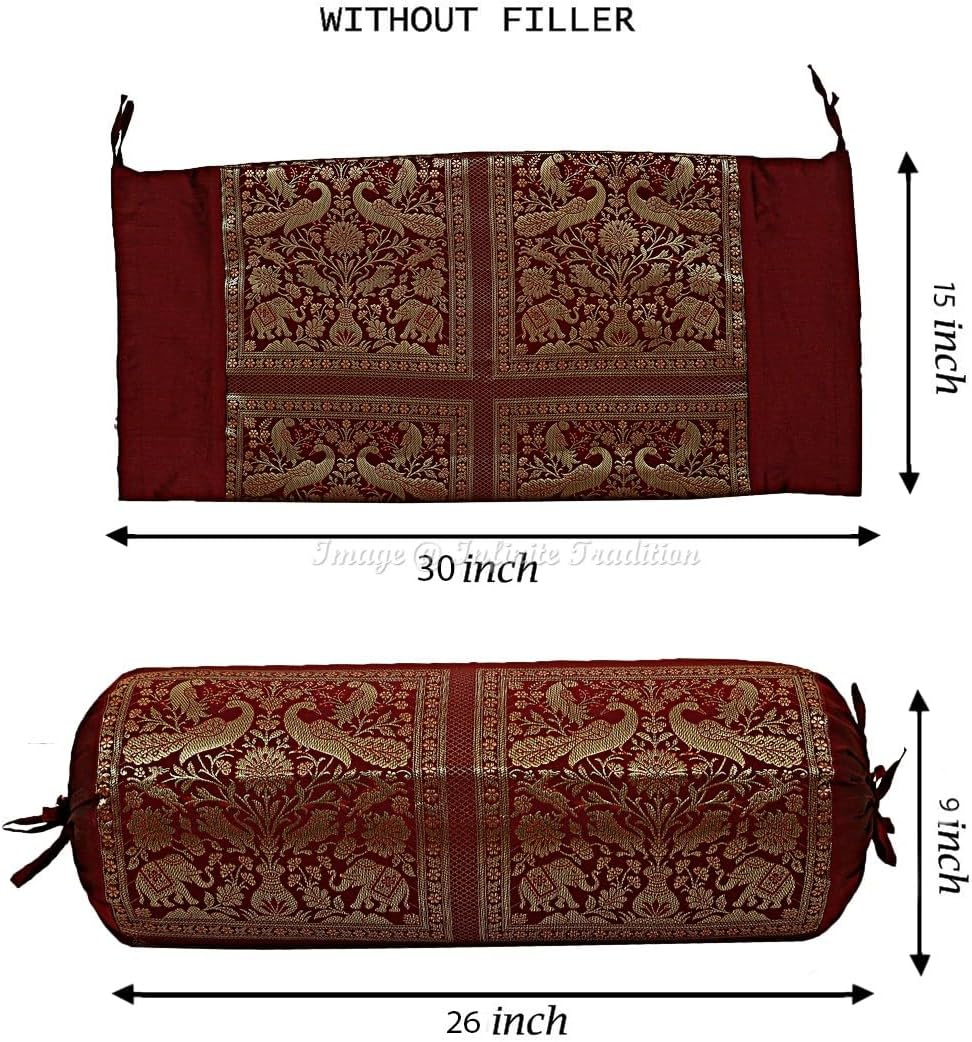 Ethnic Decorative Bolster Tube Pillow Covers Cylindrical Maroon Yoga Large Couch Round Cushion Cover Jacquard Brocade Poly Dupion Silk Small Elephant Throw Pillow Case 76x38cm (30x15 inch) 2 Pc.