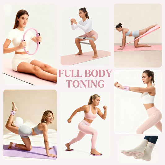 Pilates Kit, Home Pilates Kit with Ring and Ball Set, Full Body Pilates by Izzy Starter Kit with Resistance Bands, Sliders, Ankle Weights & Dumbbells for Home Workouts