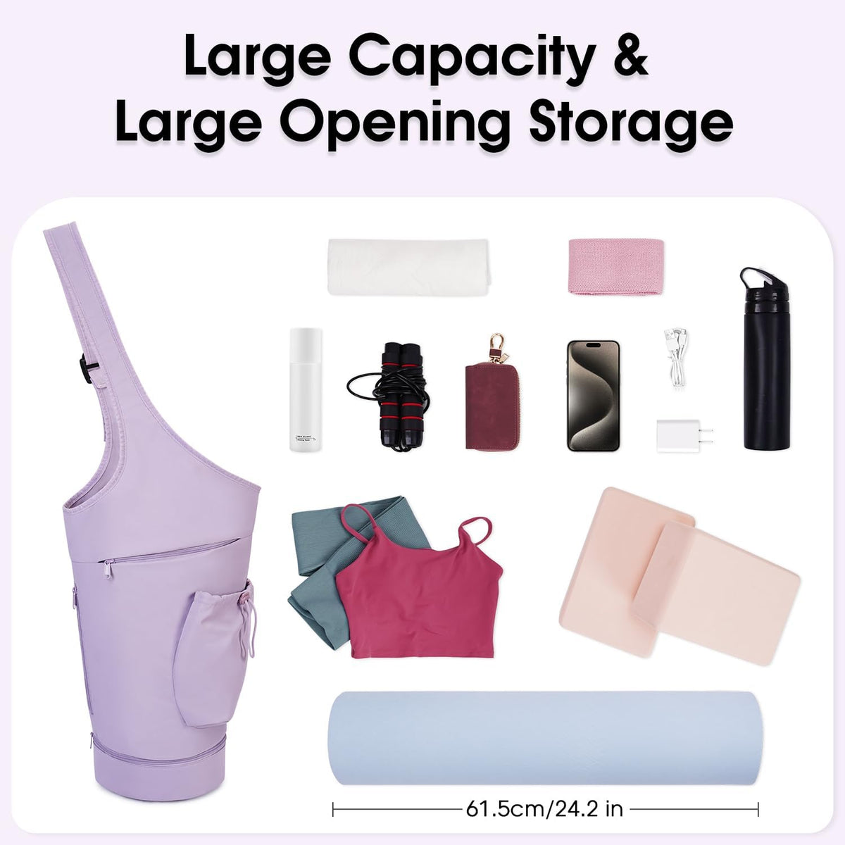 Yoga Mat Bag, Large Opening Long Tote Yoga Mat Carrier Holder Bag with Waterproof Wet Pocket and Drawstring Water Bottle Pocket, Adjustable Shoulder Strap Storage Bag, patent pending