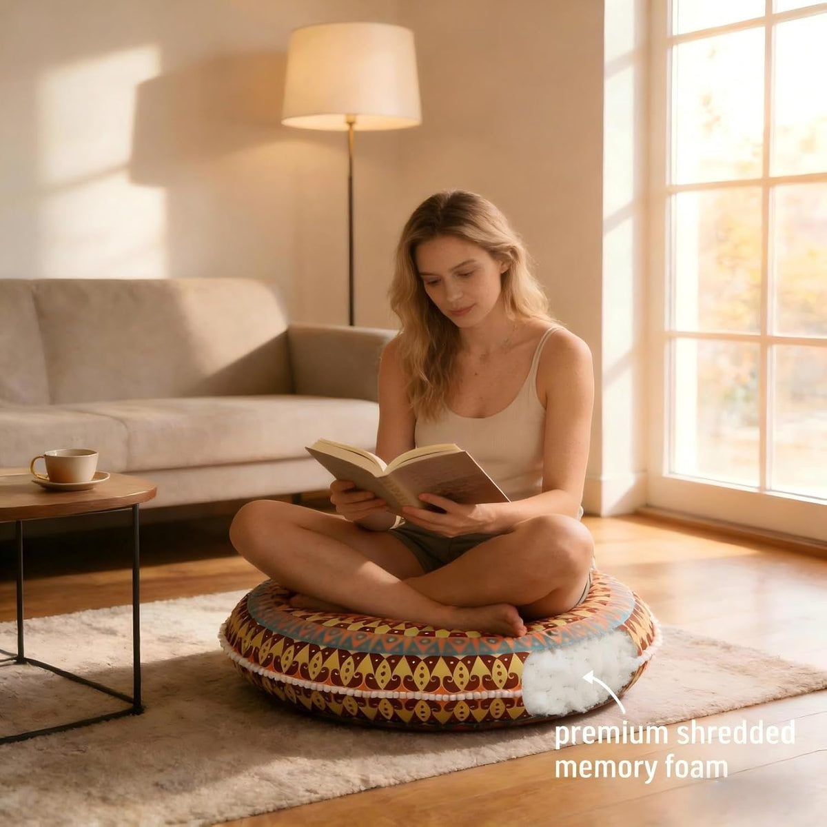32 Inch Round Floor Pillow for Adults, Large Thick Memory Foam Boho Mandala Meditation Floor Seating Cushion, Machine Washable for Living Room Outdoor Yoga Floor Sitting, Green
