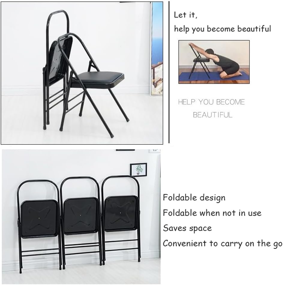 Yoga Chair, Metal Yoga Chair, Iyengar Yoga Chair,Backless Yoga Chair Portable Folding Yoga Chair Non-Slip Feet Covers,Black-45 * 42 * 80cm