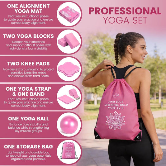 Foldable Non-Slip Yoga Mat and Blocks Set for Women, 9-Pcs Yoga Starter Kit