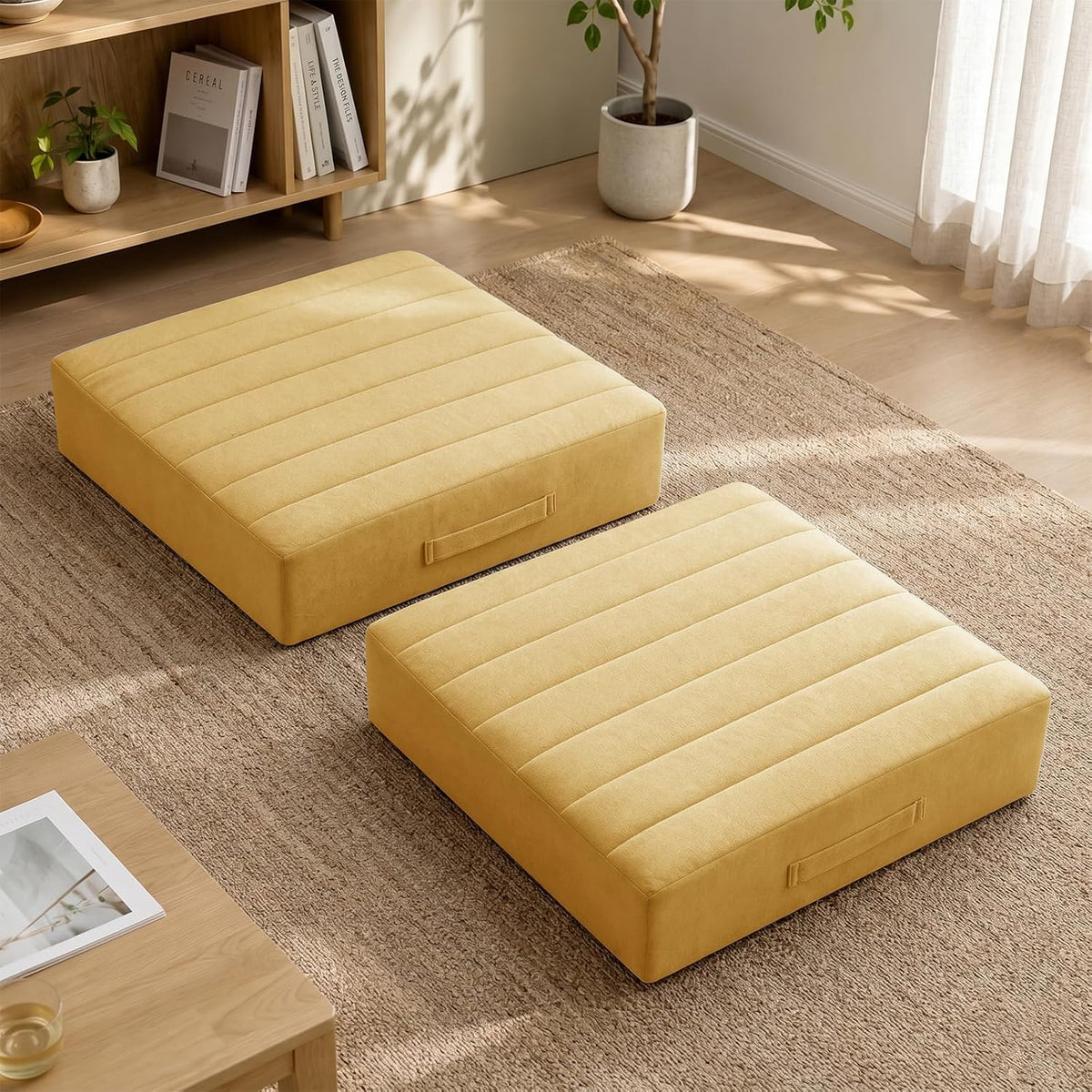 2 Pcs High Density Foam Floor Pillow - Upgraded Large Pillows Seating for Adults - Outdoor Floor Cushion with Soft Tufted Cover - Yoga Pillows for Sitting On Floor - 22 Inch Light Gray