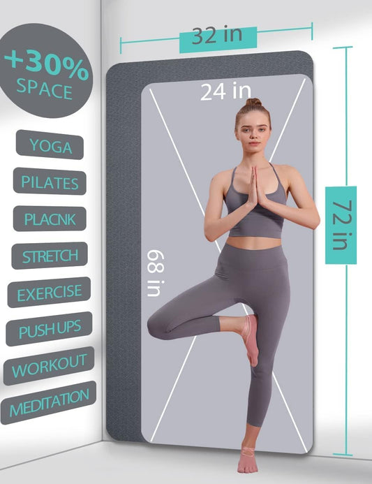 Yoga Mat Double-Sided Non Slip, 72'' x 32'' x 7mm - Extra Wide & Thick Yoga Mat for Women Men Kids, Professional TPE Yoga Mats for Home Workout, Yoga, Pilates and Floor Exercise, with Carrier Strap