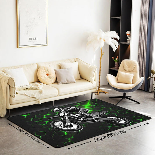 Dirt Bike Area Rug 3x5 Kids Extreme Sports Green Honeycomb Living Room Rugs for Bedroom Boys Girls Teens Racing Motocross Rider Decorative Carpet Rug Non-Slip Motorcycle Indoor Floor Mat