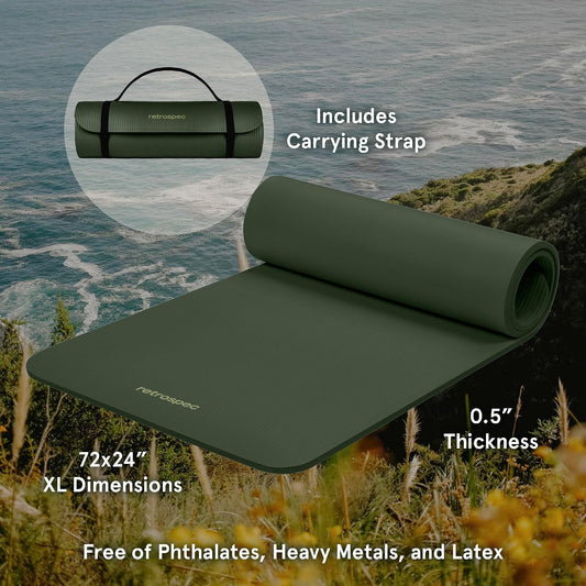 Solana Yoga Mat Thick 1/2in Non-Slip Workout Mat with Nylon Strap - 72x24in Exercise Mat for Pilates, Stretching & Fitness - BPA Free, Easy Clean