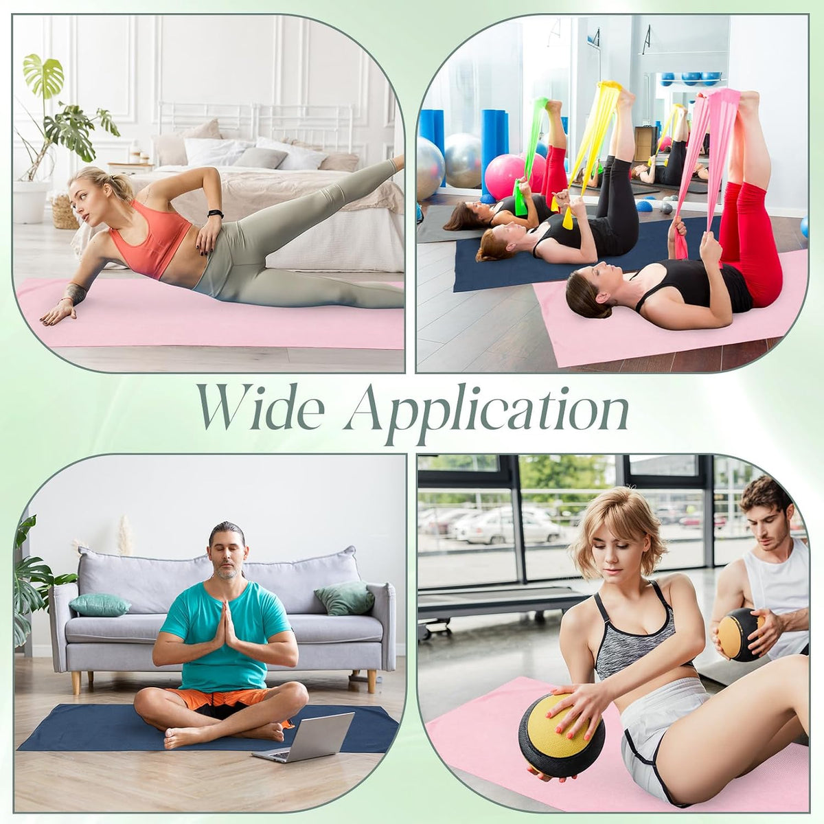 3 Pack Hot Yoga Mat Towel Non Slip Microfiber Pilates Towel with Grip Dots & Elastic Straps, 72" x 26" Absorbent Sweat Anti-Slip Hot Yoga Gym Mat for Fitness Workout(Morandi Pink Blue Green)