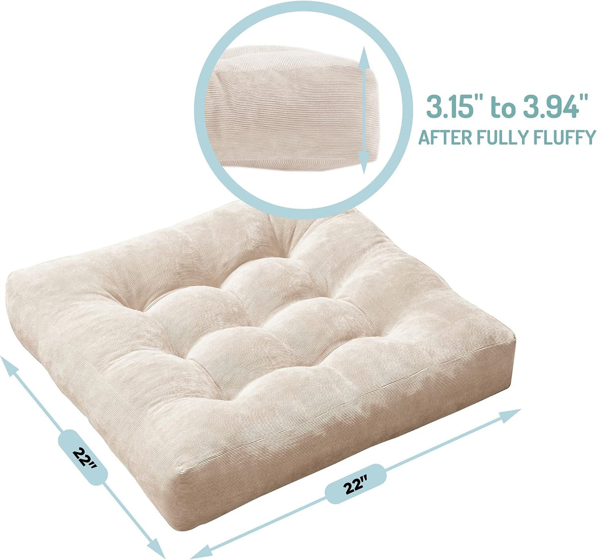Large Floor Pillow for Adults, Square Meditation Cushion, 22 Inch Grey