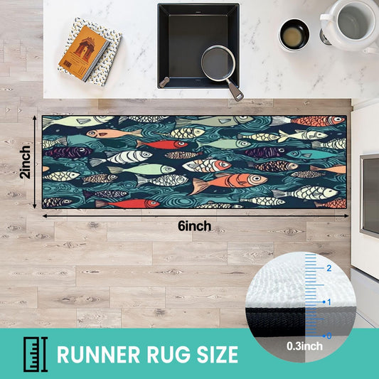 Runner Rug Washable 2x6 Seamless Pattern Fish Swimming Against Current Against Crowd Non-Slip Hallway Area Rug Indoor Outdoor Home Decor for Entryway Bathroom Kitchen Carpet Yoga Floor Mat