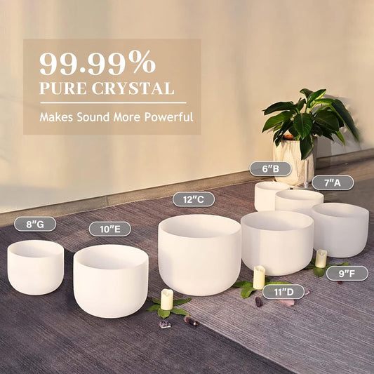440HZ 6-12 inch Set of 7 Frosted Chakra Quartz Crystal Singing Bowls