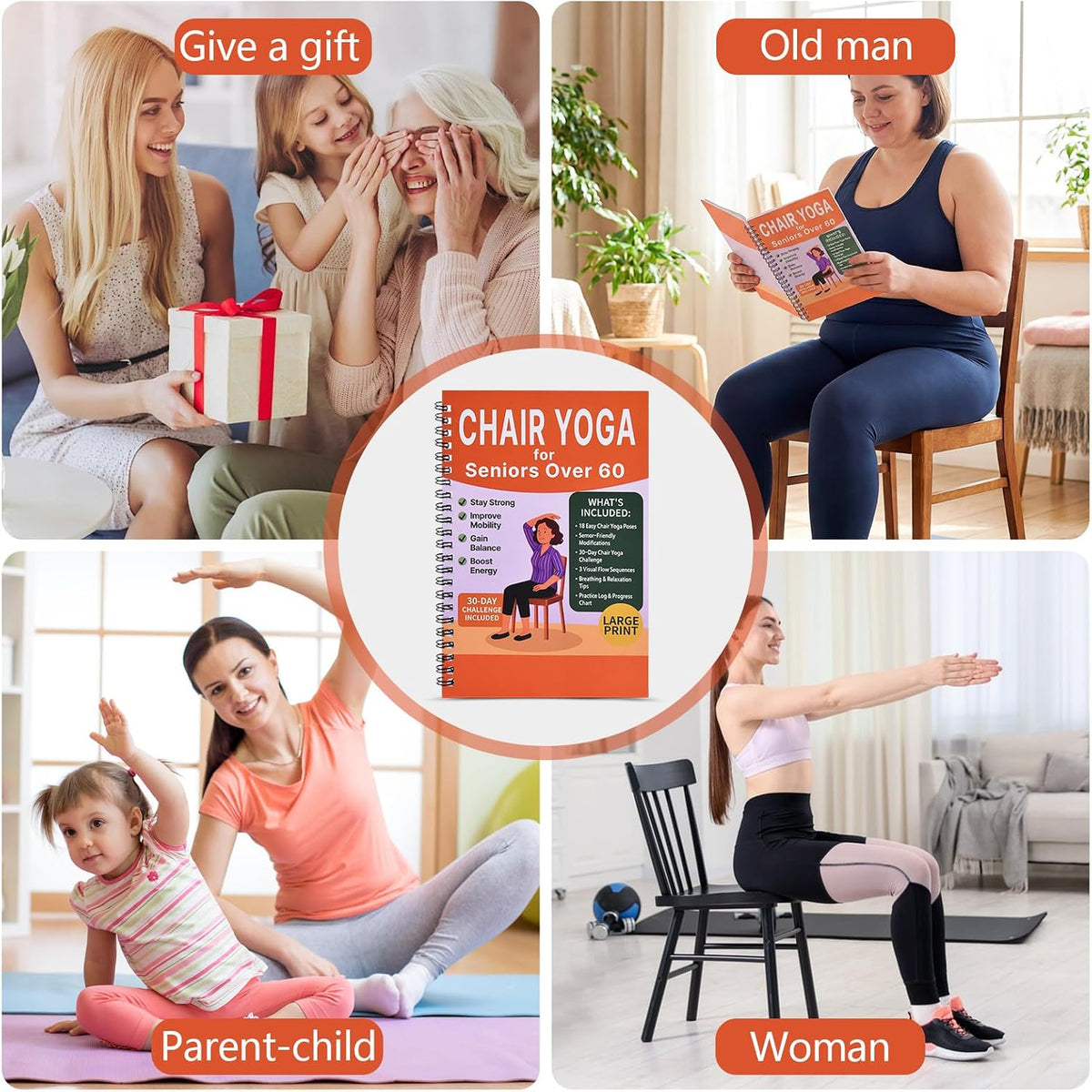 Chair Yoga for Seniors Over 60 Book & Chart – 30-Day Challenge, Gentle Seated Yoga Guide, Chair Yoga for Weight Loss & Flexibility, Senior Chair Exercises for Women & Men,Top Choice for Family Gifts (Purple)