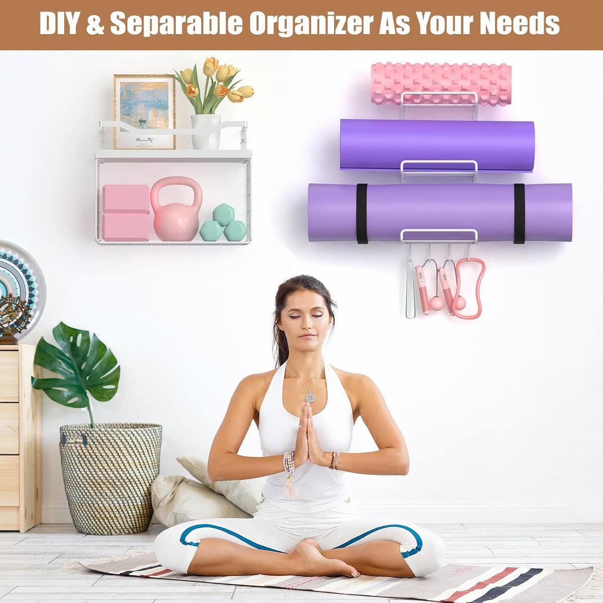 Yoga Mat Holder Black, Wall Mount Yoga Mat Storage Rack, Yoga Accessory Organizer With Wood Floating Shelves, 4 Hooks Hanging Yoga Strap & Resistance Bands, Home Gym Equipment Storage Decor