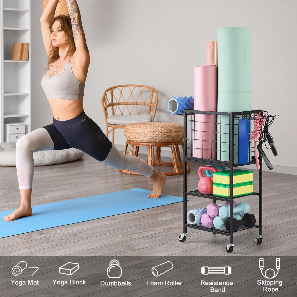 Yoga Mat Storage Rack Home Gym Workout Equipment Storage Cart with Hooks Wheels Small Metal Weight Rack for Dumbbells, Kettlebells, Foam Rollers, Resistance Bands, Yoga Block