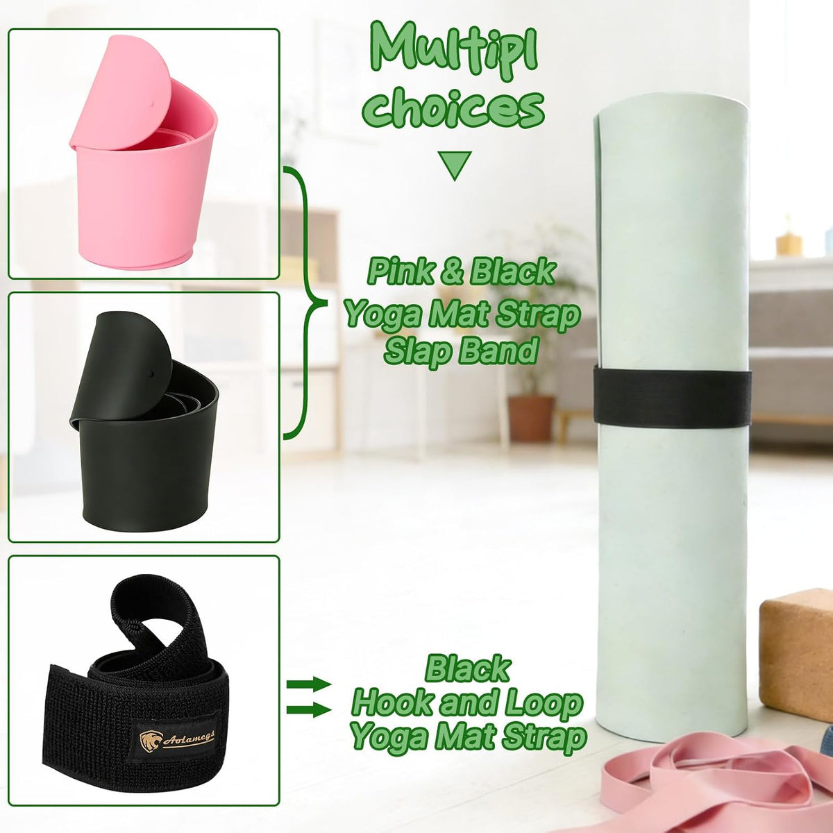 Yoga Mat Strap Slap Band-Instant One Snap Holder Keeps Mats Tightly Rolled & Secure -Soft Silicone Gym Accessories