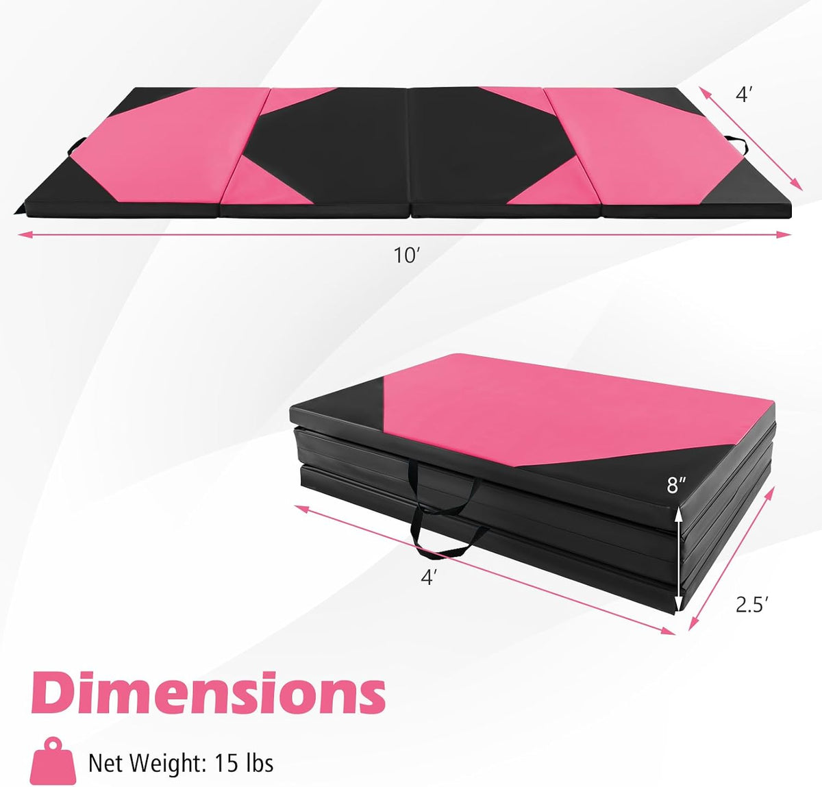 4'x10'x 2" Gymnastics Mat, 4-Panel Folding Aerobics Exercise Mat w/Hook & Loop Fastener, Carrying Handle, Portable Tumbling Mat for Stretching Yoga Cheerleading Martial Arts