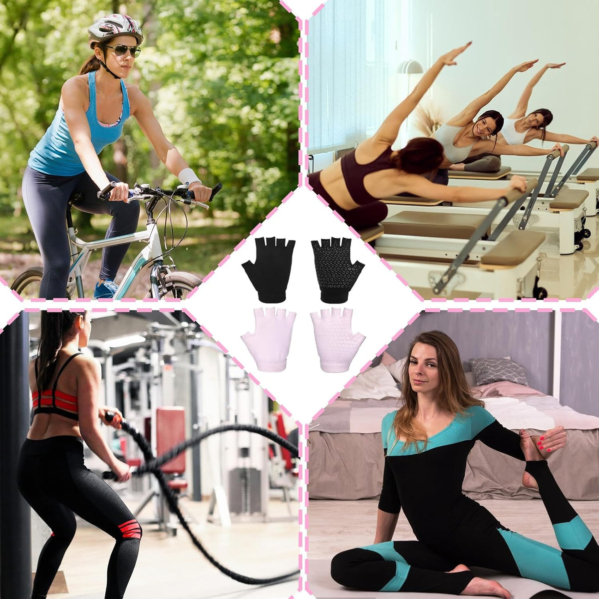 2 Pairs Non Slip Yoga Gloves for Women, Fingerless Pilates Gloves with Grips, Silicone Non Slip Grips for Workout Fitness Exercise (Black and Pink)
