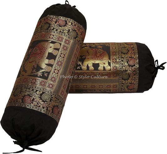 Indian Polydupion Cylindrical Tube Pillow Bolster Pillow Covers Black Jacquard Brocade Border Elephant Large Couch Round Cylinder Cushion Covers (Set of 2) | 30x15 Inches (76x38 cm)