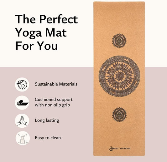 Mandala Pro Cork Yoga Mat, Non Slip, 72 x 24 Inch, 3mm Thick