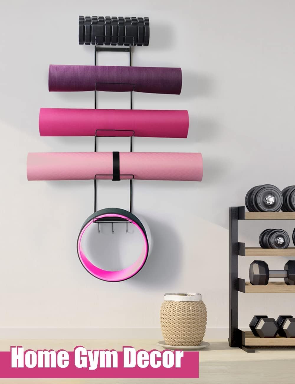 5-Tiers Yoga Mat Holder Wall Mount, Metal Storage Rack for Yoga Mat/Wheels, Foam Roller and Block etcs, Wall Rack Organizer with 3-Hooks for Hanging Stretching Strap & Resistance Bands(2 Pack)