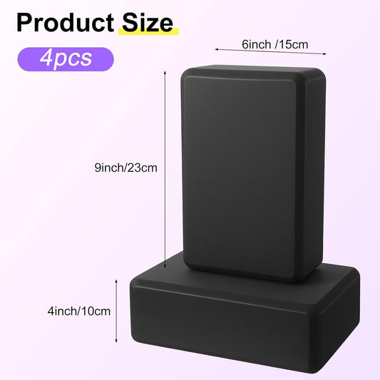 4 Pack Yoga Blocks 9 x 6 x 3 Inch Soft Eva Foam Lightweight Non Slip Yoga Props with Beveled Edges for Yogas Pilates Stretching Meditation (Black)