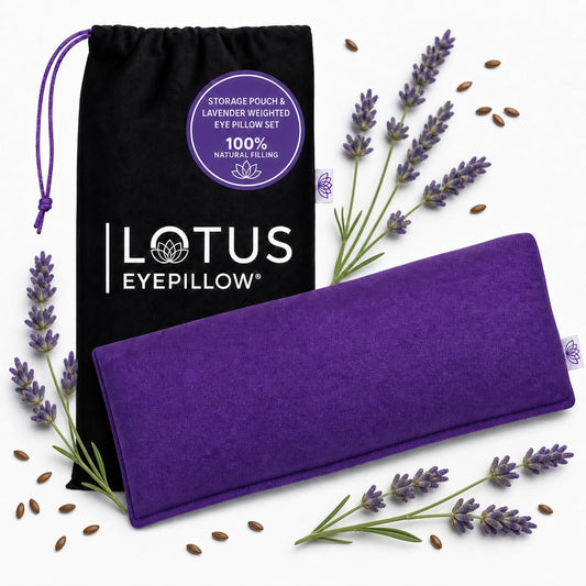 Lotus Lavender Eye Pillow - Weighted Mask for Yoga & Sleep | NOLAVA Sleep & Wellbeing App included; warm or cool headache relief; organic cotton, lavender-flaxseed fill.