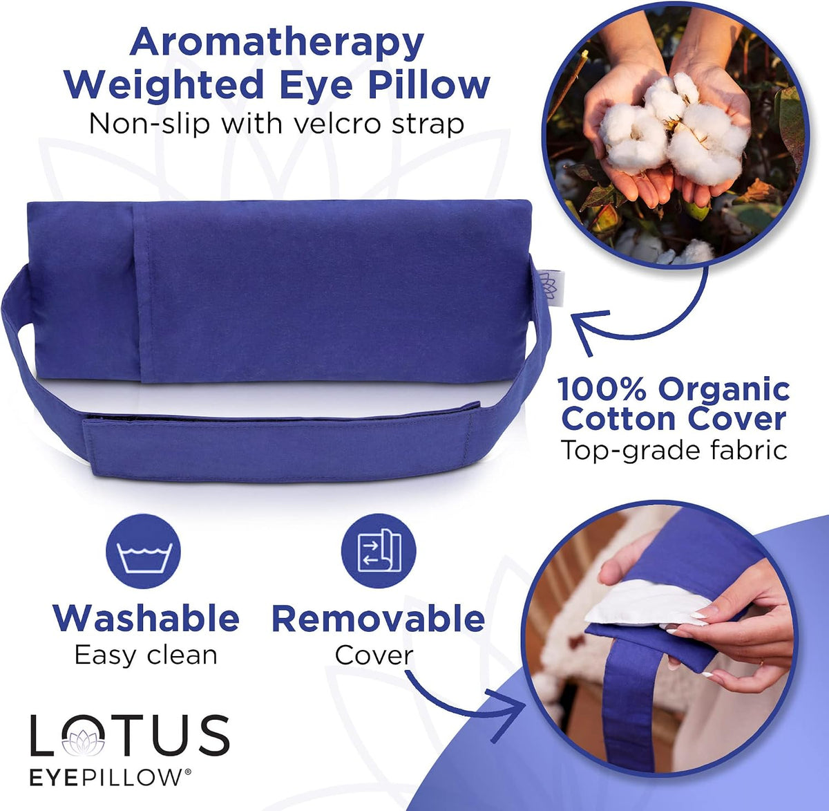 Lotus Lavender Eye Pillow - Weighted Mask for Yoga & Sleep | NOLAVA Sleep & Wellbeing App included; warm or cool headache relief; organic cotton, lavender-flaxseed fill.