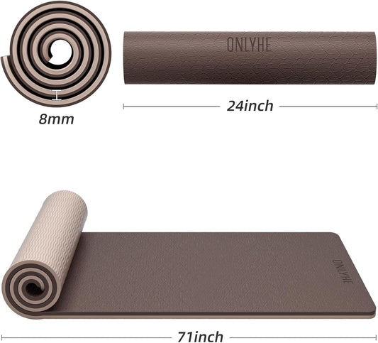 Yoga Mat Thick(8mm)Exercise Mat Non Slip Anti-tear,Pilates Mat for Men and Women,Workout Mats for Home,Barefoot Workouts and Floor Exercise,with Carrier Strap(71"x 24" ) (Light coffee + apricot)