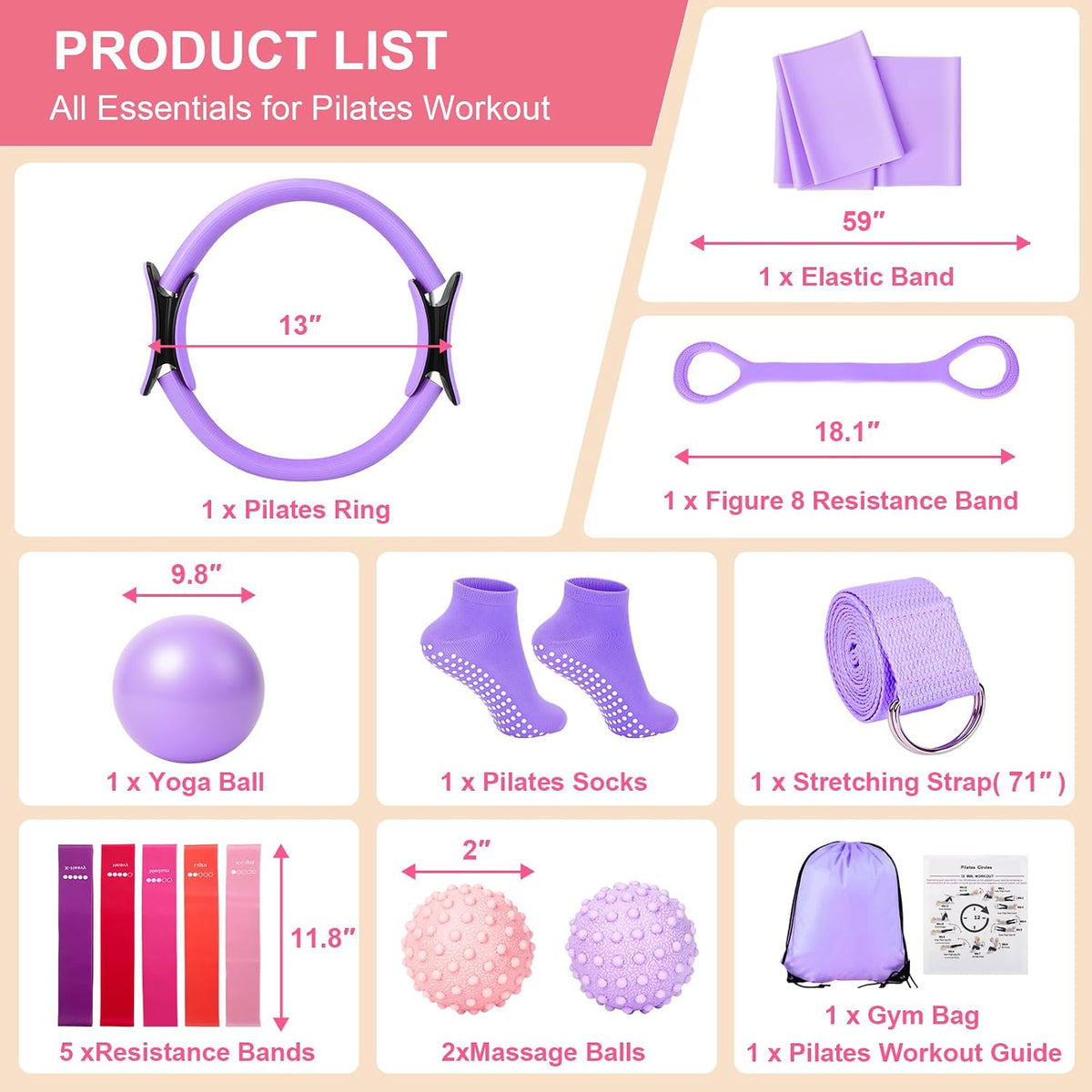Pilates Ring and Ball Set for Women, Home Workout Pilates Kit, Magic Circle Hoop with 5 Resistance Bands, Pilates Equipment Fitness Essentials Starter Set Accessories