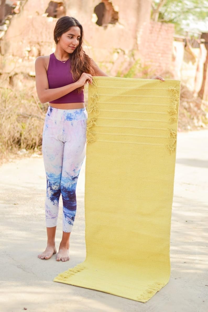 Jaipur art & Rugs Organic Cotton Yoga Mat - Eco-Friendly Hand-Woven Rug - Non Slip & Thick (24”x72”x5mm) for Everyday Fitness at Home - Comfortable Extra-Long