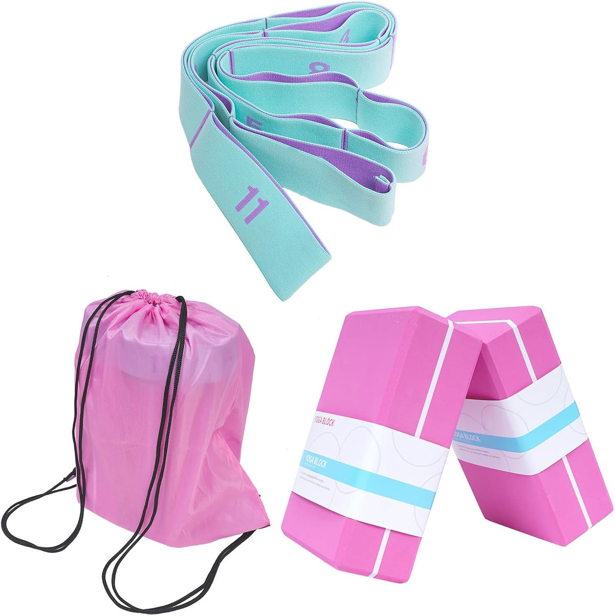 High Density Yoga Blocks 2 Pack with 11 Loops Stretch Band, 350g Non-Slip Foam Exercise Bricks for Pilates & Dance, Pink Gym Accessories with Carry Bag for Flexibility, Balance & Rehab Training